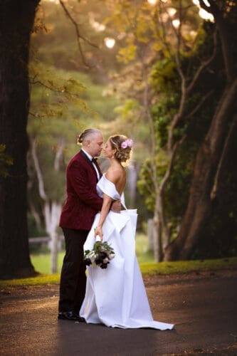 Sunset Photo of Bride and Groom on their wedding day at Fig Tree Byron Bay