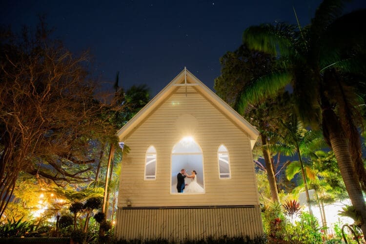 Nighttime Photo with Stars taken in Braeside Chapel on the Gold Coast by recommended wedding photogrpaher