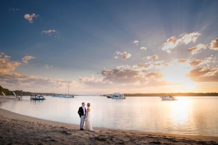 Sunset wedding photo on South Stradbroke Island beach