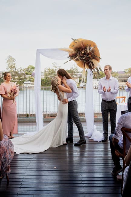 Brisbane Powerhouse wedding ceremony. First kiss photo.