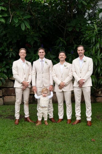 Groom with his groomsman and young son at Braeside Estate wedding