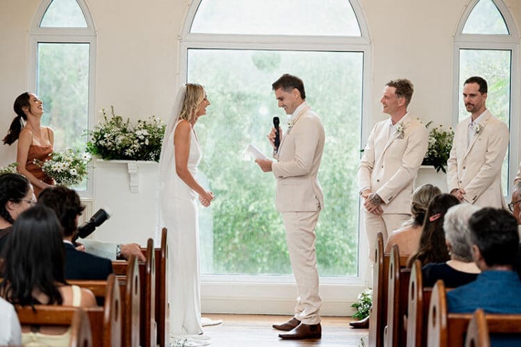 Groom saying his vows in the chapel at Braeside Estate